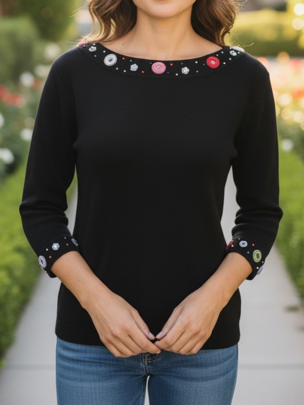 Josehp A. Vtg 90s Retro Boat Neck Jersey Knit Sweater with Crocheted Flowers